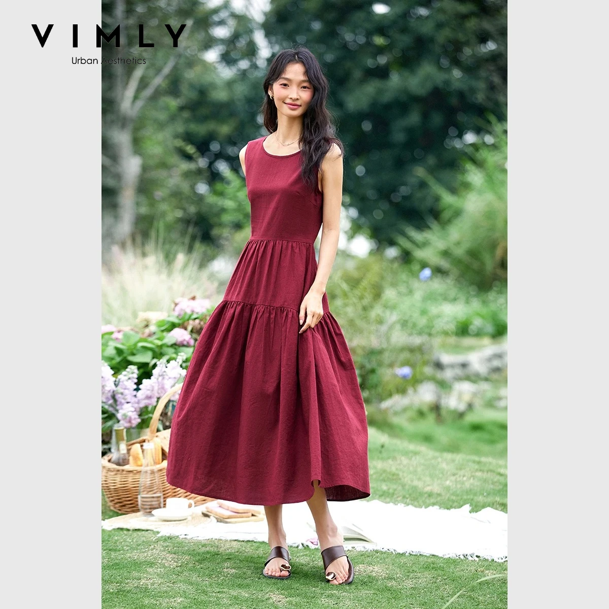 

VIMLY Women's Commuter Dress 2026 Summer Simple Casual Sleeveless O-Neck Patchwork Dress Elegant Chic Party Evening Long Dress