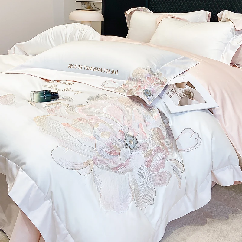 Big Flower Embroidery Princess Bedding Set Luxury White Egyptian Cotton Duvet Cover Fitted Bed Sheet Pillowcases Home Textile