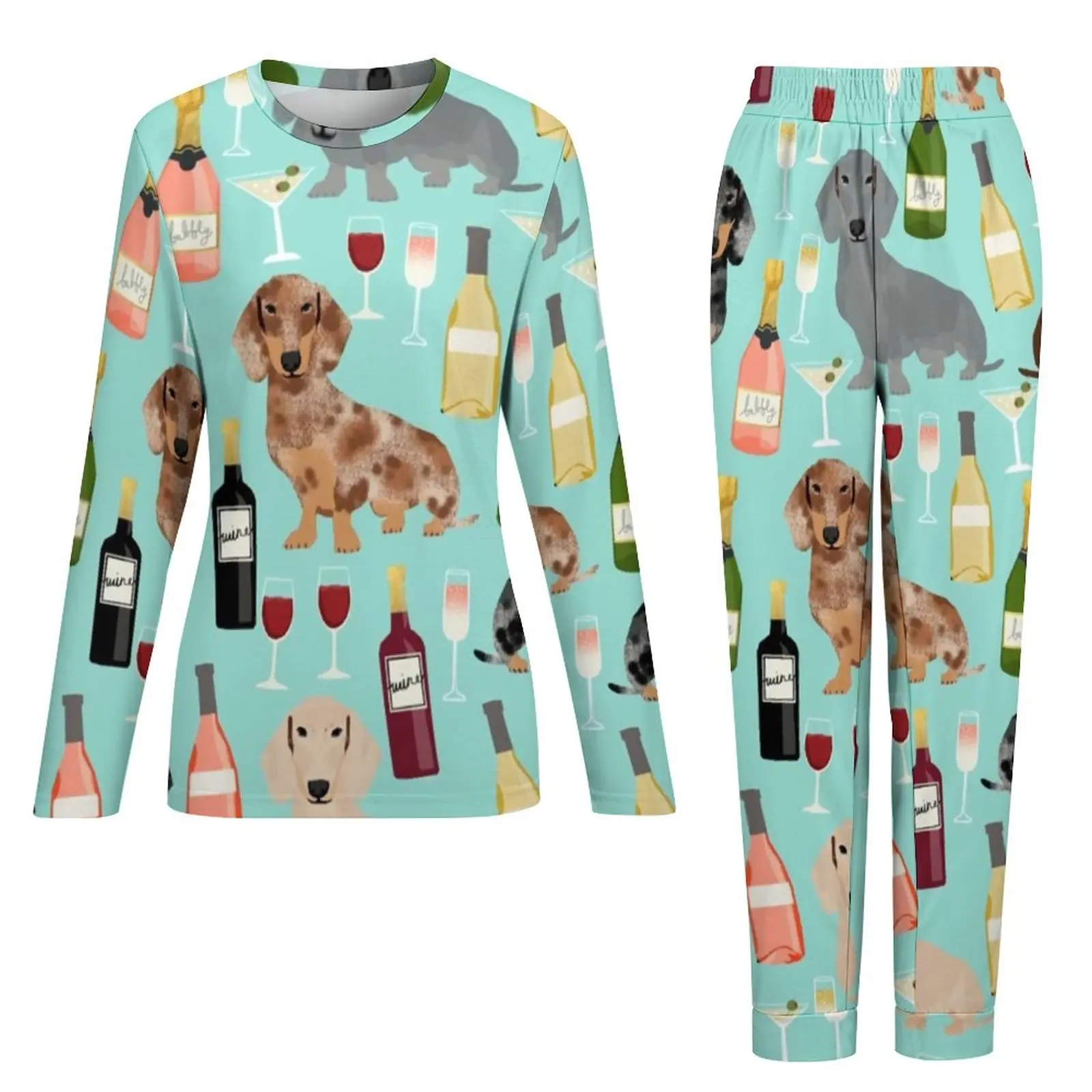 Dachshund Wine Pajamas Champagne Cocktails Room Oversized Sleepwear Women Pajama Set Hot Sale Long Sleeve Lovely Home Suit