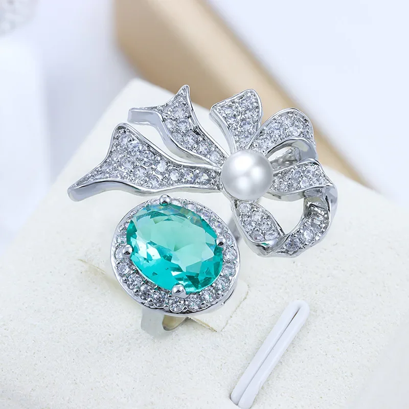 Anillo ajustable de plata 925 de alta calidad para mujer, conjunto de anillo de perlas con lazo, anillo de Paraiba de imitación, regalo de novia