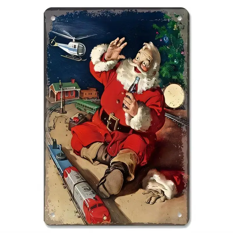 Vintage Metal Tin Sign - Retro Santa Claus, Toy Train & Coca - Cola Christmas Design, Iron Wall Art for Xmas Home/Bar Decor, Per