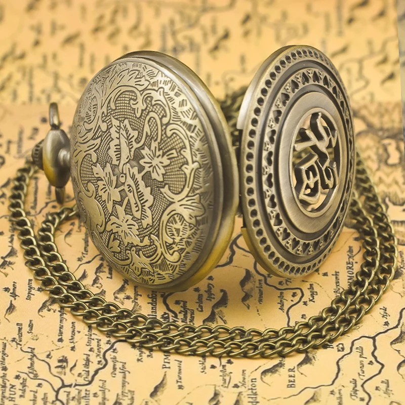 빈티지 청동 Steampunk 중국어 푸 문자 새겨진 석영 주머니 시계 목걸이 펜던트 시계 체인 남성 여성 체인 선물