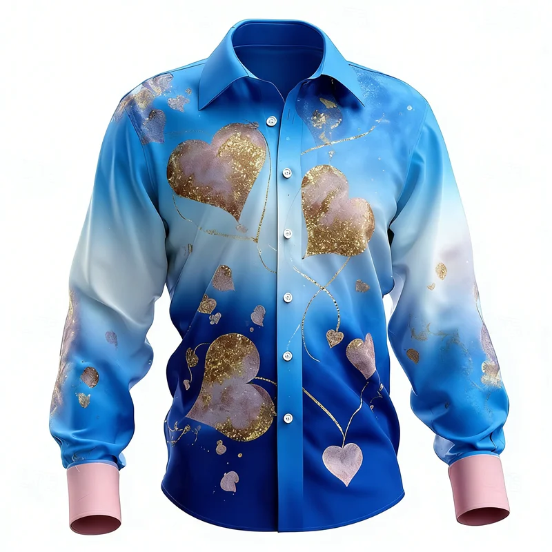New men's blue gold 3D heart printed long sleeved shirt with fashionable and casual design suitable for tops