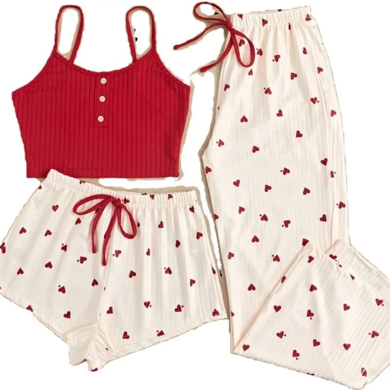 

Three Piece Sleepwear Set Women's Casual Heart-Shaped Printed Vest and Shorts and Pants Paired with Ribbed Fabric for Homewear