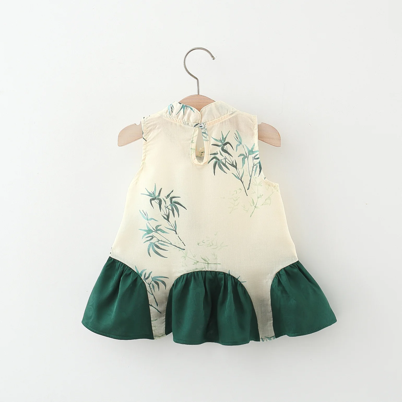 Summer New Girl Baby Dress Qipao Chinese Style Su Style Exquisite Green Neckline Ink Painting Bamboo Fashion Children\'s Wear