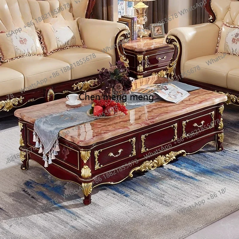 X Solid wood coffee table TV cabinet combination marble rectangular wood carving, living room furniture