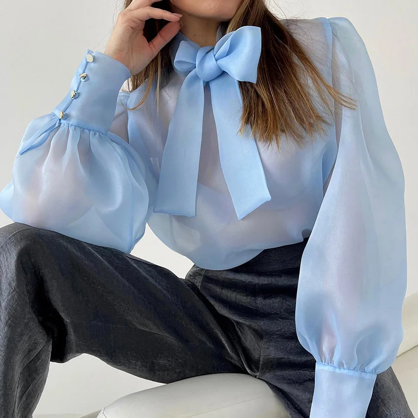 

Women See Through Shirt Blouse Puff Sleeve Bowknot Lace-up Collar Elegant Sweet Chic Chiffon Casual Streetwear Blouse Top 2025