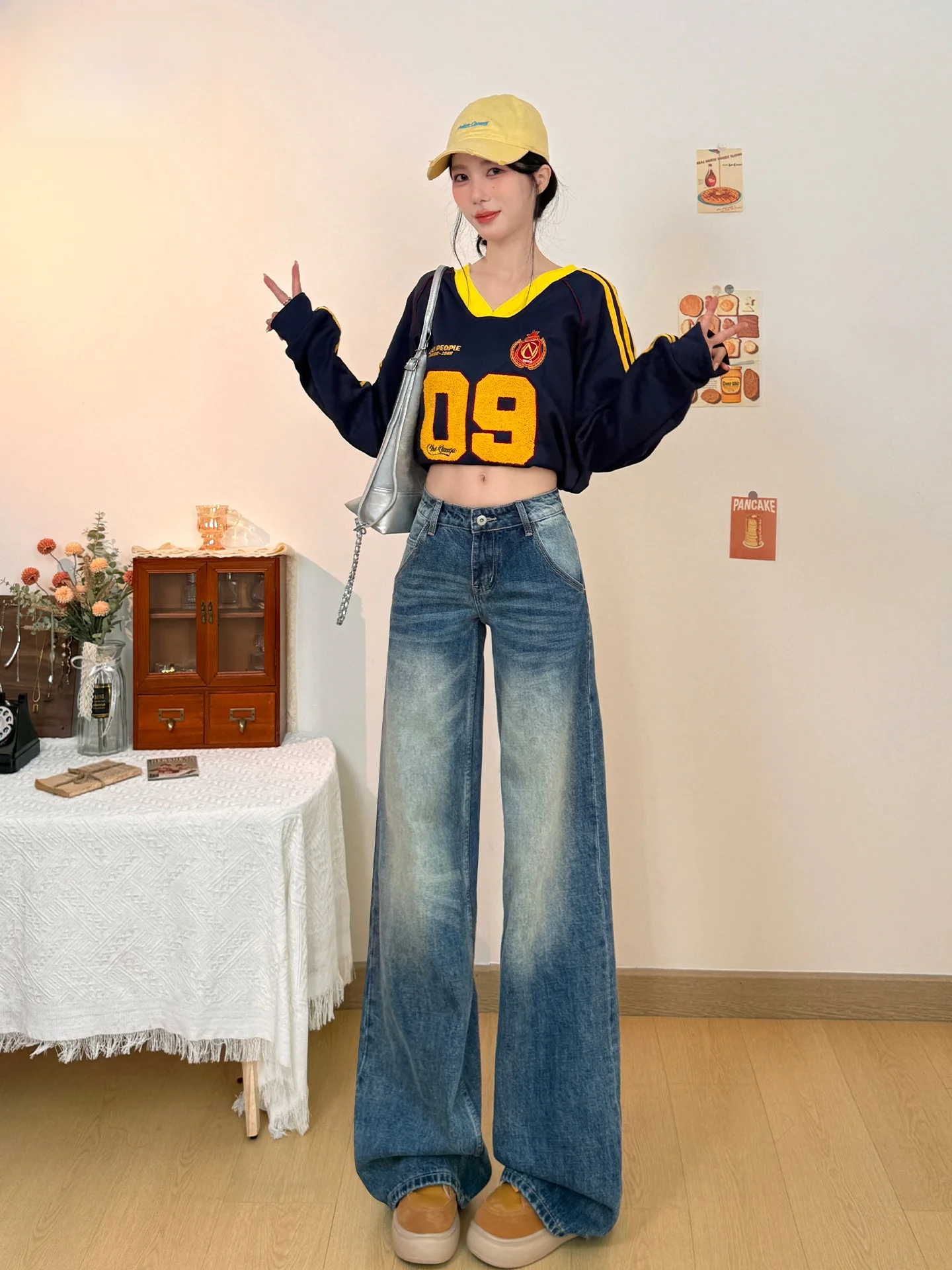 

Retro Washed Low Waist Wide Leg Denim Jeans Women's Loose Slim Straight Long Pants Casual American Style Spring Summer