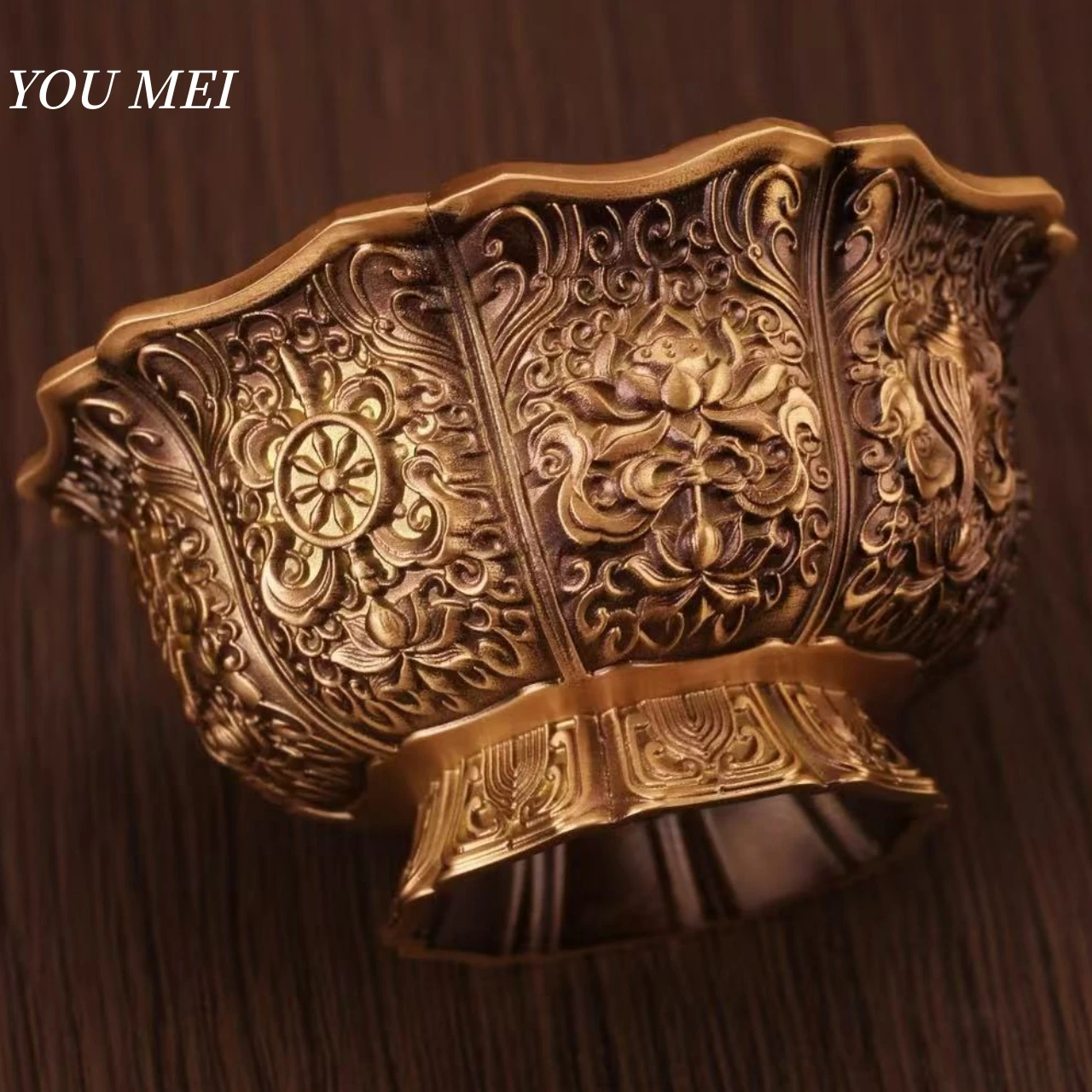 Tibetan Eight Auspicious Symbols Carved Brass Holy Altars Bowl,Tantric Indoor Desktop Water Cup,9 cm Sacred Bowl Buddhist Item