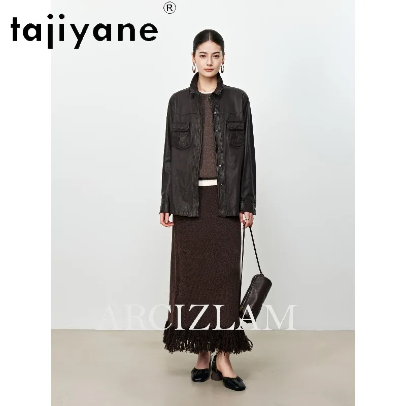 TAJIYANE Genuine Leather Jacket Woman Vegetable Tanned Sheepskin Thin Leather Coat Vintage Jackets for Woman Mid Length Jaqueta