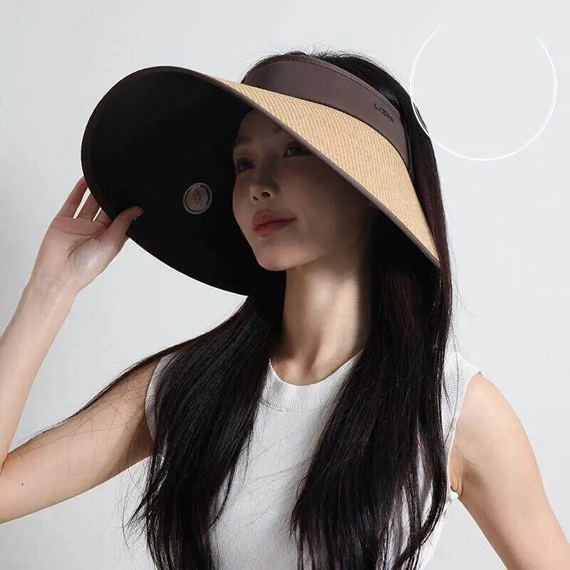 Women 17 Cm Extra Wide Brim Uv Protection Open Top Sun Visor Adjustable 55-60 Cm Foldable Summer Outdoor Beach Sunscreen Cotton