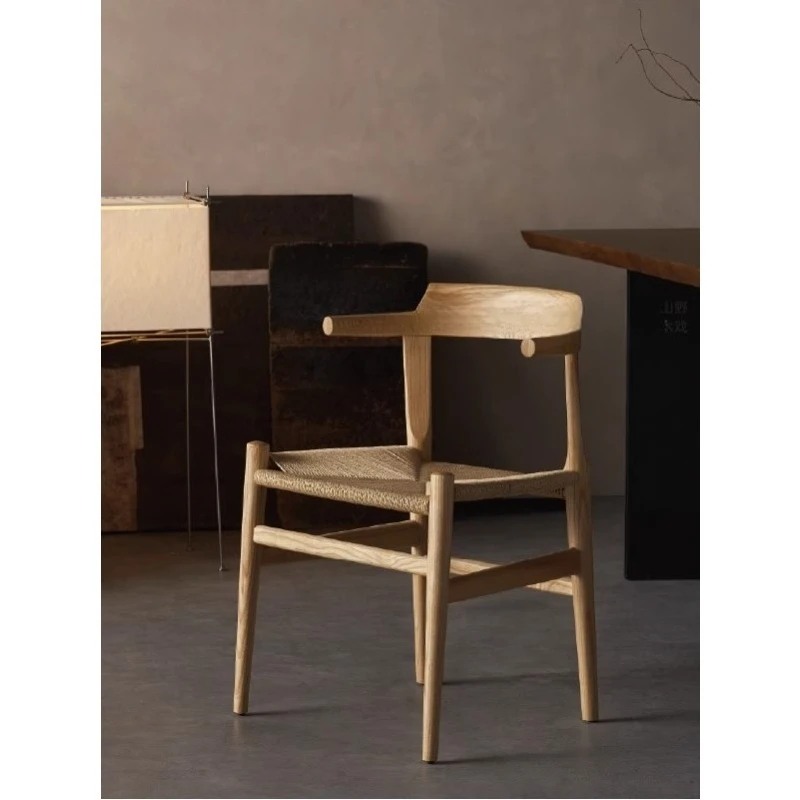 

Solid wood dining chair rattan chair, household ash log armchair