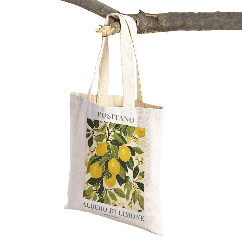 Valencia Positano Lemon Leaves Women Shopper Bags Children Gift Tote Linen Plant Travel Shoulder Handbag Lady Shopping Bag