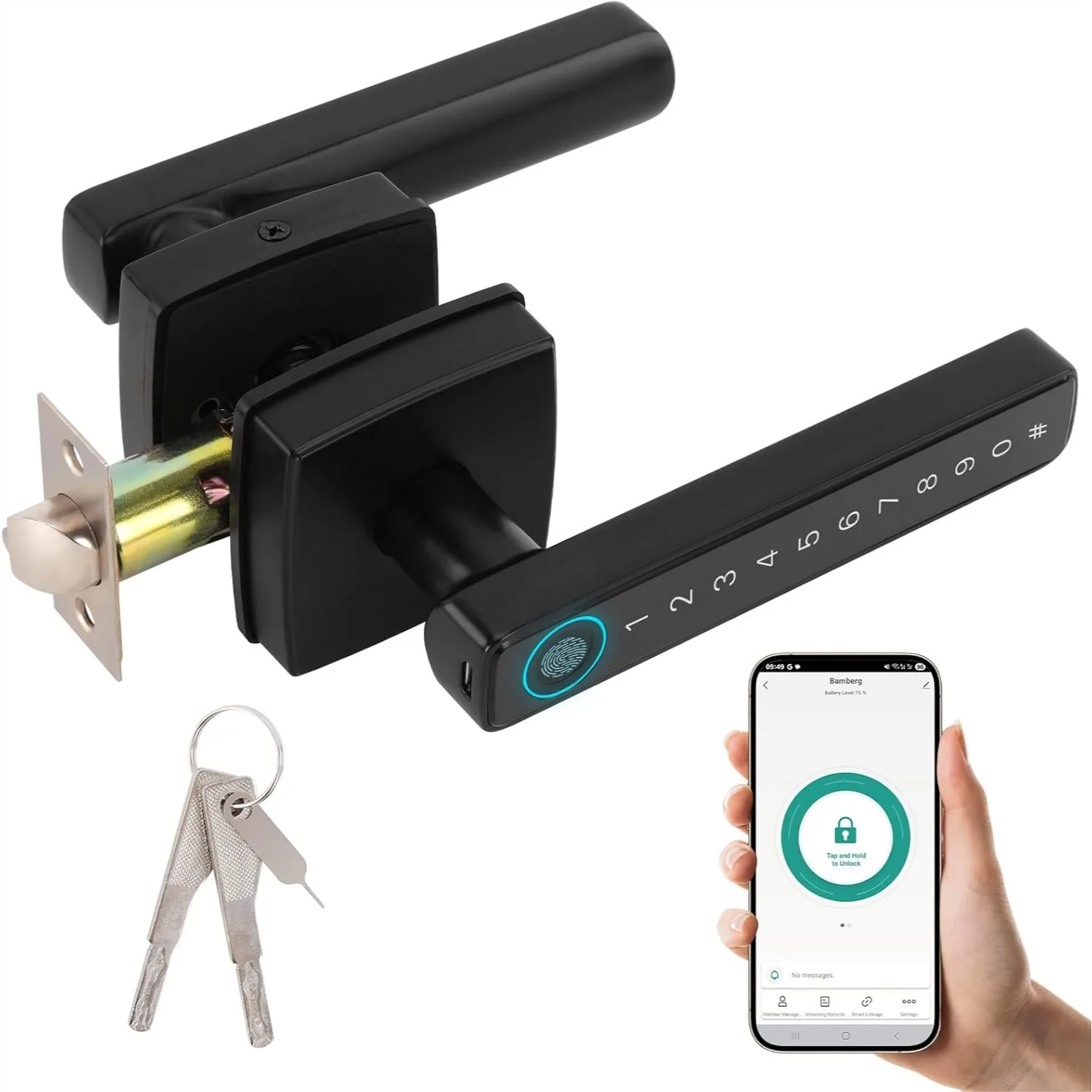 

Smart Door Knob Keyless Entry, 4-in-1 Fingerprint, App, Code & Key, Biometric Lock for Bedroom, Apartment, Office, Indoor Doors