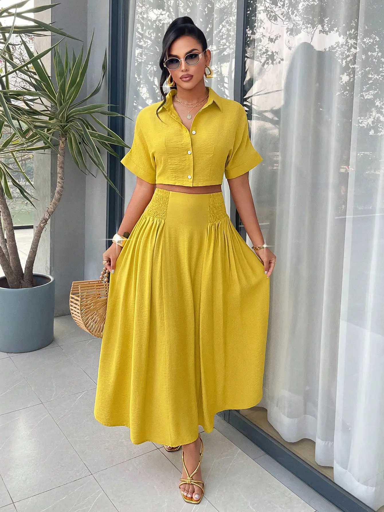 

Yellow Casual 2-Piece Set Cropped Shirt Collar Top And Pleated Maxi Skirt