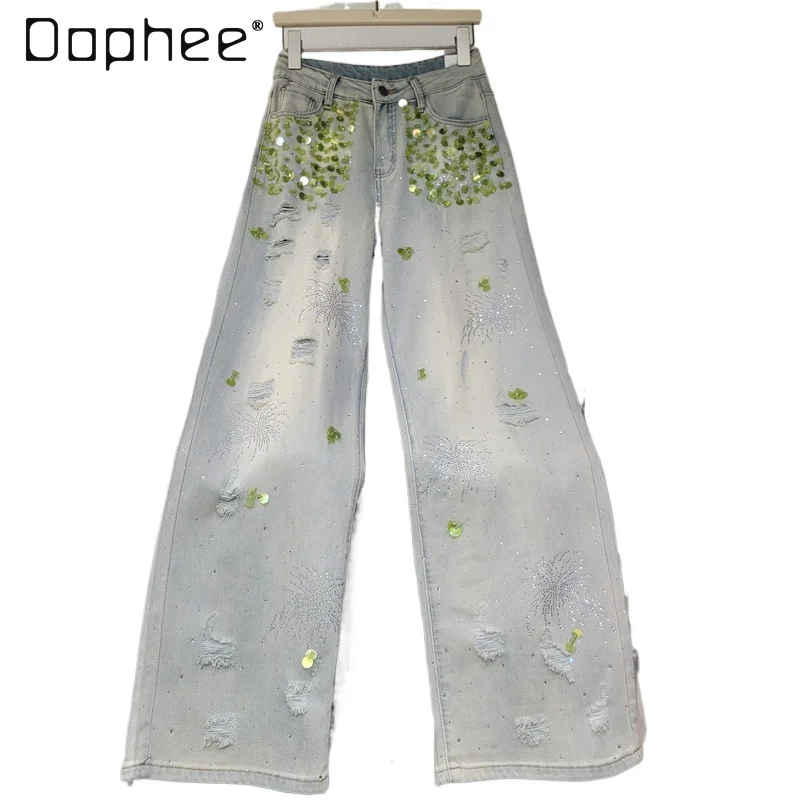 

Heavy Industry Fashion Trend Sequin Embroidered Temperament Jeans Women 2025 Summer New Versatile High Waist Straight Pants