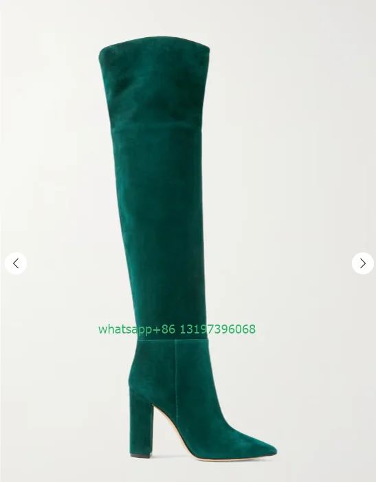 Lady green suede over-the-knee boots fall sexy elegant pointed toe boots chunky heel dress boots causal daily boots footwear 46