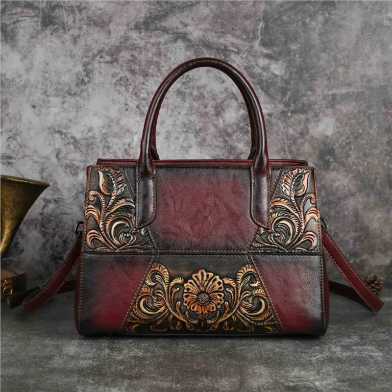 Johnature 2024 New Handmade Embossed Vintage Handbag Women Leather Bag Versatile Large Capacity Shoulder & Crossbody Bags