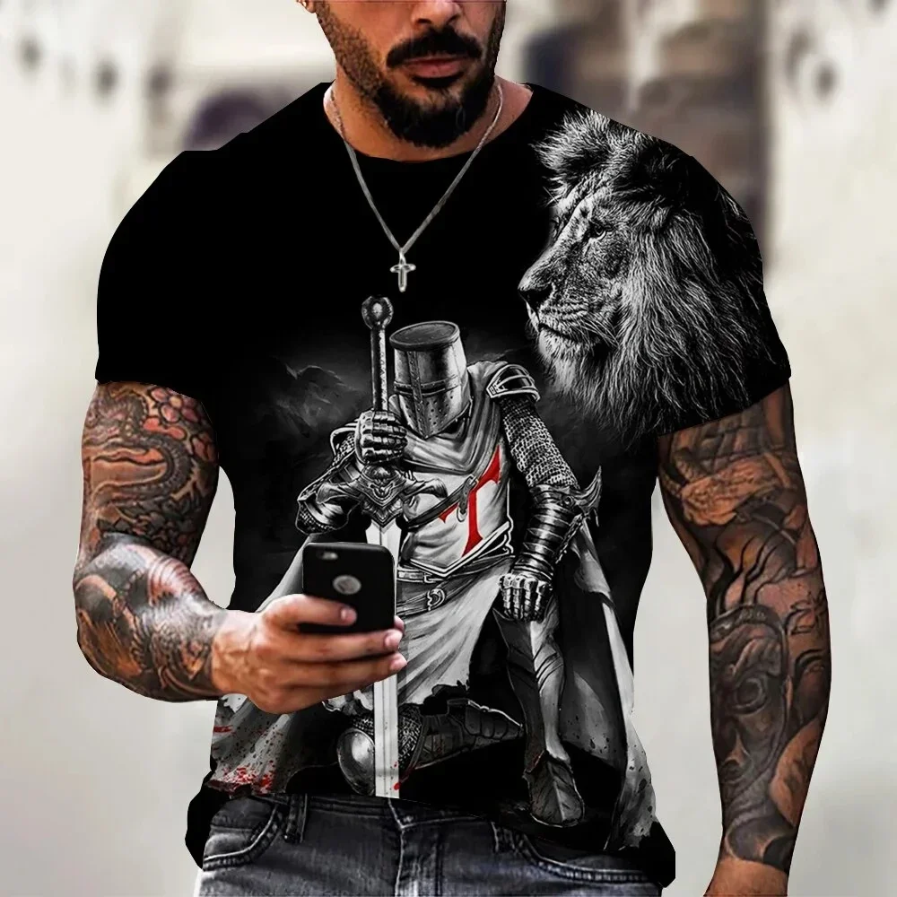 Printed Men's T-shirt Fashion Lion O-Neck Crusaders Pattern Short Sleeve Tops Catholic Style T Shirts Europe and America Templar