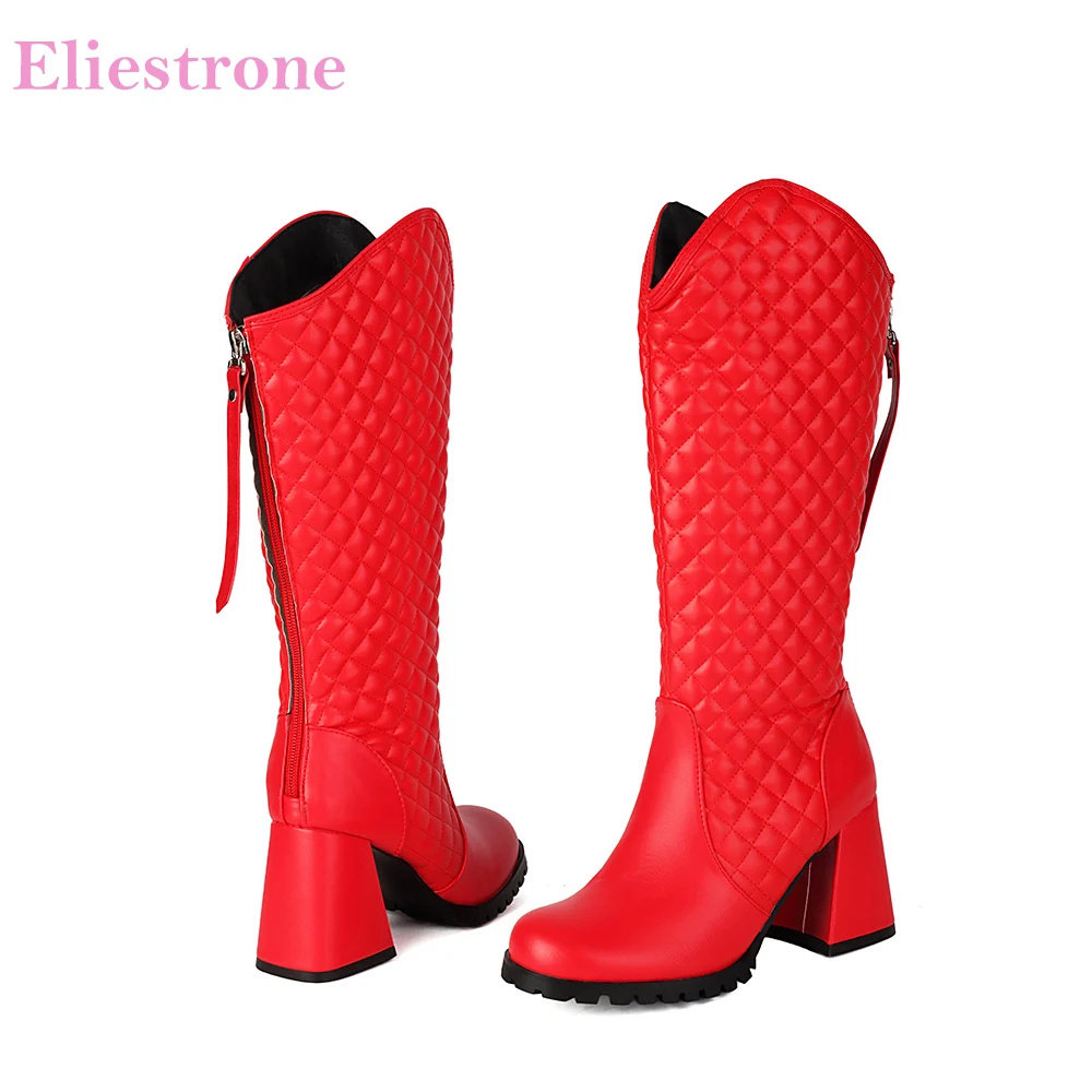 

2025 Новые зимние модные красные, черные женские сапоги до середины икры, женские модельные туфли на высоком квадратном каблуке, большие размеры 10, 43 45, 48