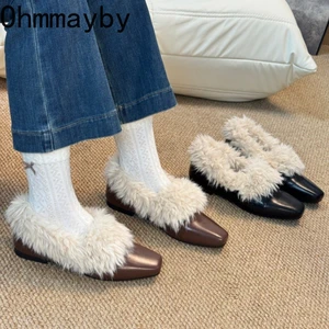 2026 Spring New Women Faux Fur Mary Jane Shoes Fashion Shallow Slip On Leather Shoes Female Elegant Low Heel Dress Pumps