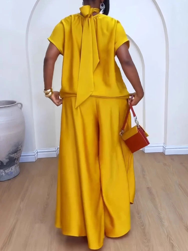 Yellow Satin Elegant Temperament Women's Loose High Neck Strap Flying Sleeve Top Leisurely Wide Leg Pants Vacation Two-piece Set