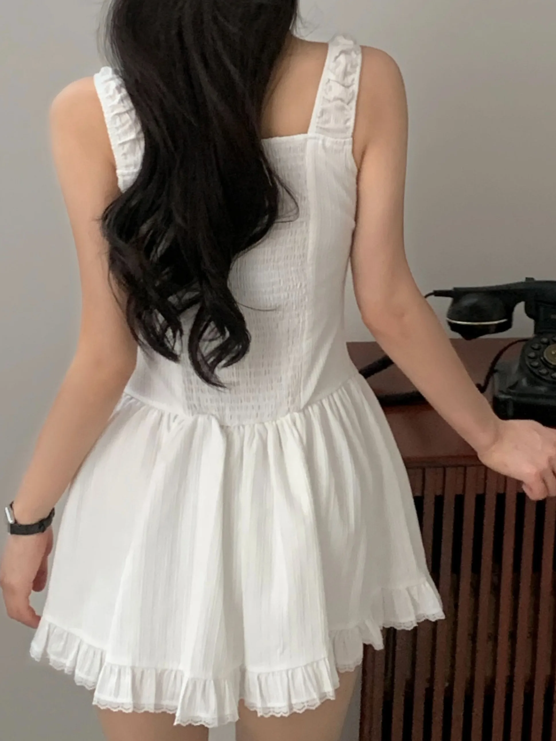 Chic Summer Floral Embroidery Design Gathered Waist Belted Square Ne Vest Dr Women's Faionable Ele Skirt Sle