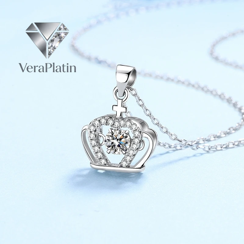 VeraPlatin Family Birthday Gift 18K White Gold Women Valentine's Day 0.5CT Moissanite Diamond Crown Pendant Girl PT950 Platinum
