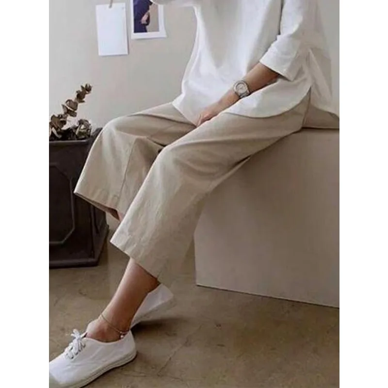Tinaa Cotton Linen Blend Pants Women 2025 Japanese Style Solid Color Straight Ankle-length Pant Casual Simple Trousers 77817