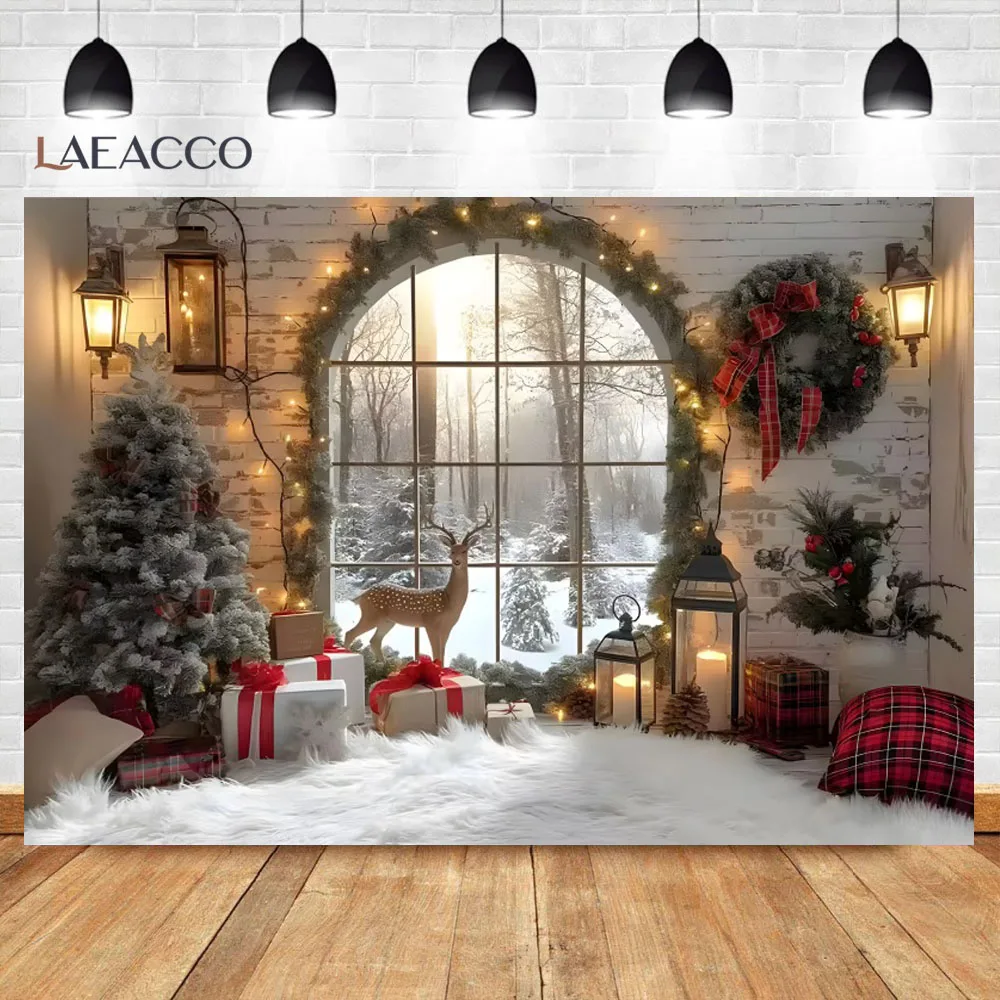 Winter Christmas Interior Backdrop Photography Xmas Fireplace White Christmas Tree Gifts Pine Trees Photo Background Photocall