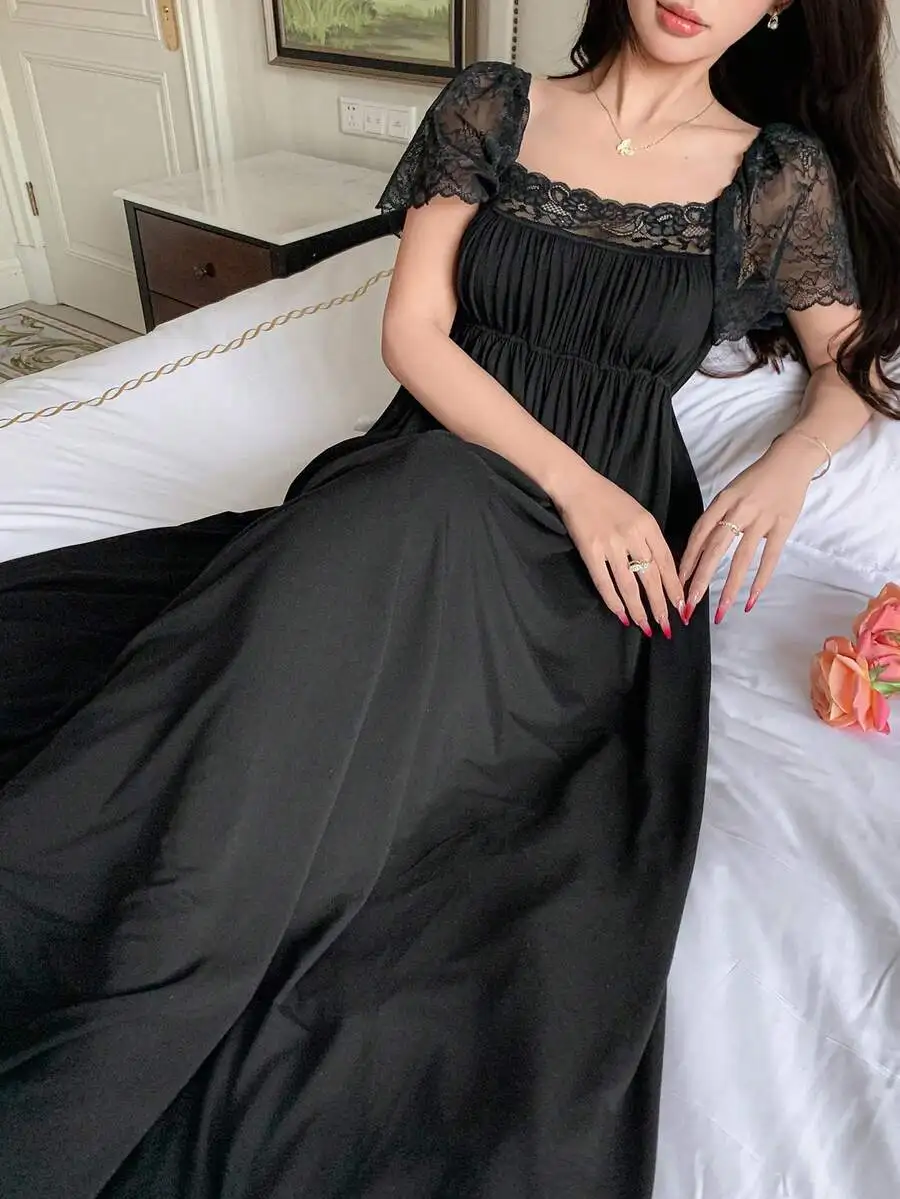 

Womens Long Lace Patchwork Ruched Waist Nightgown Romantic Summer Sleep Dress