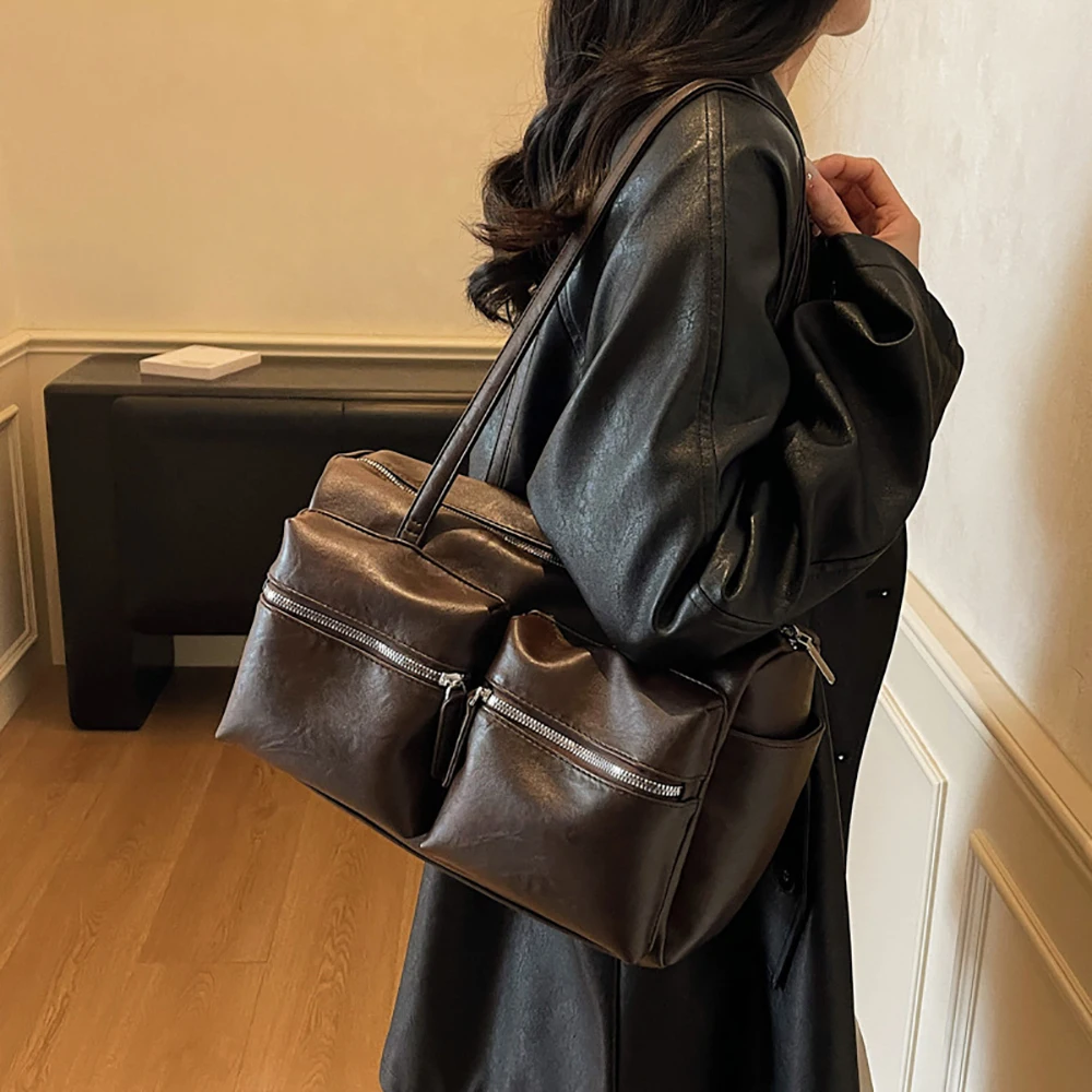 Vintage Multi Pockets One Shoulder Bag Women High Grade Solid Large Capacity Armpit Bags Versatile Commute All-Match Handbags