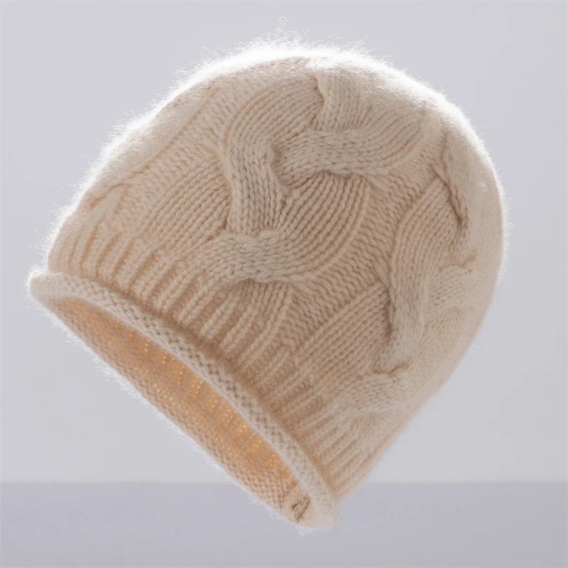 Thickened 100% Cashmere Hat for Men and Women, Autumn and Winter, Face Slimming, Warm Knitted Cable Casual Ear Protection Hat