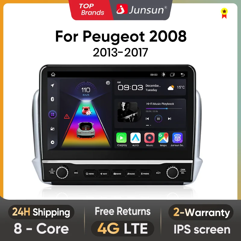 Junsun PX9 Wireless CarPlay Android Auto Radio For Peugeot 2008 208 2012 2013-2018 Car Intelligent Systems RDS BT WiFi 2 din