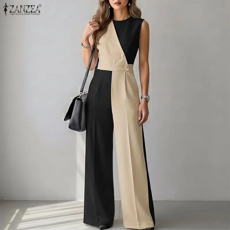 ZANZEA Casual Loose Jumpsuits For Woman Elegant Office Work Romper Color Patchwork Wide Leg Overalls 2026 Summer Long Bottoms