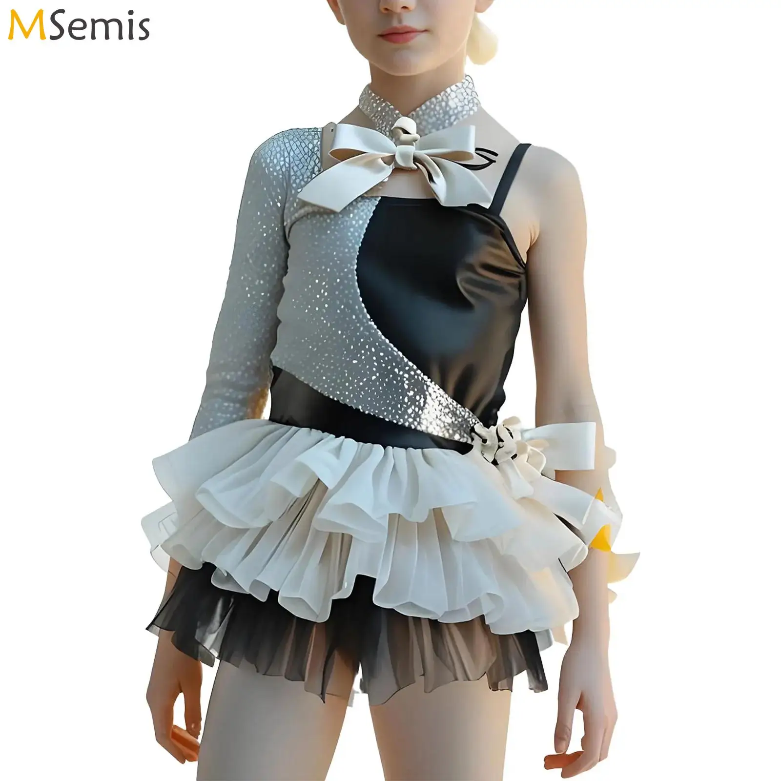 Criança menina ballet dança collant patinação artística ginástica assimétrico ombro traje lantejoulas tule tutu contornado bola vestido de festa