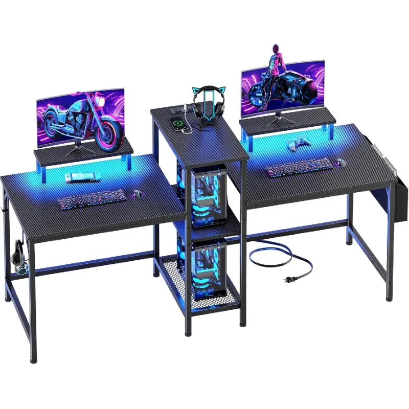 

2 Person Gaming Desk with LED Lights, 71 Inch Computer Desk with Power Outlets and Monitor Stand, Double Desk with Storage Bag