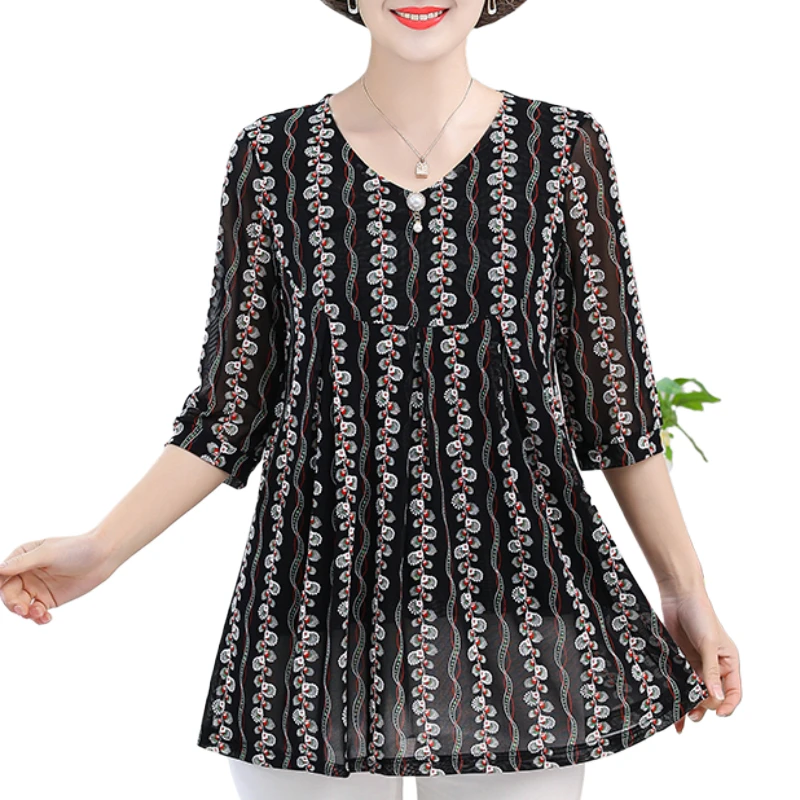 Women\'s Nordic Decorative Style Blouse Short sleeved Summer Short sleeved Classical Print Plus Size Top Elegant Loose Clothing