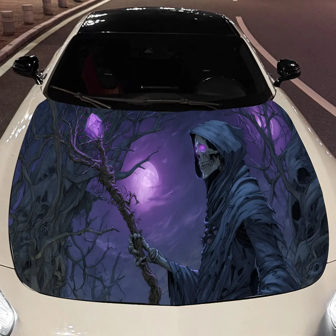 

Cool and Mystic Purple Grim Reaper Car Engine Hood Sticker, Auto Vinyl Wraps, Waterproof Self-adhesive Vehicle Decal, Durable &