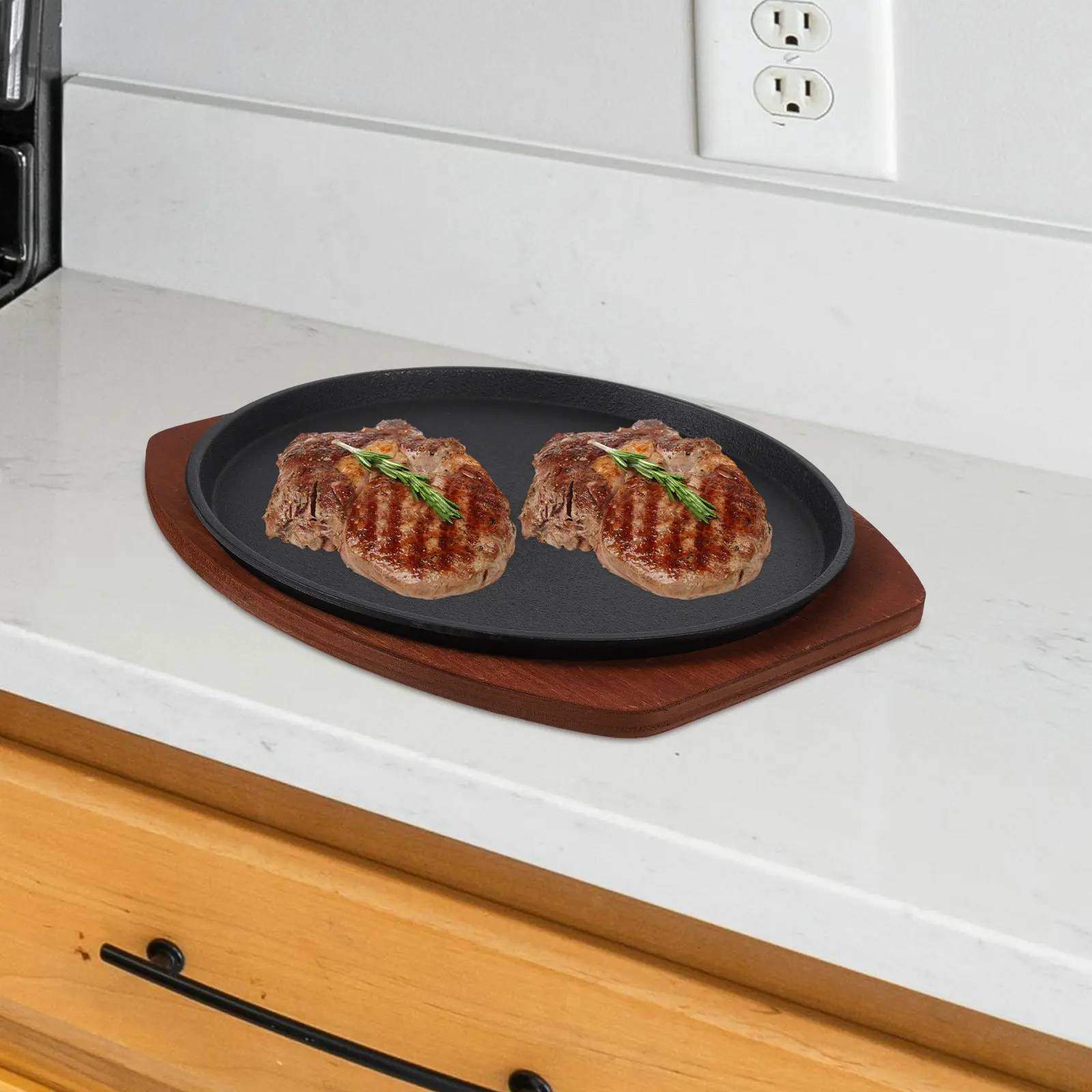 

Набор: чугунная сковорода для стейков с деревянной ручкой, для гриля, равномерное распределение тепла, для приготовления на открытом воздухе, чугунная сковорода для стейков