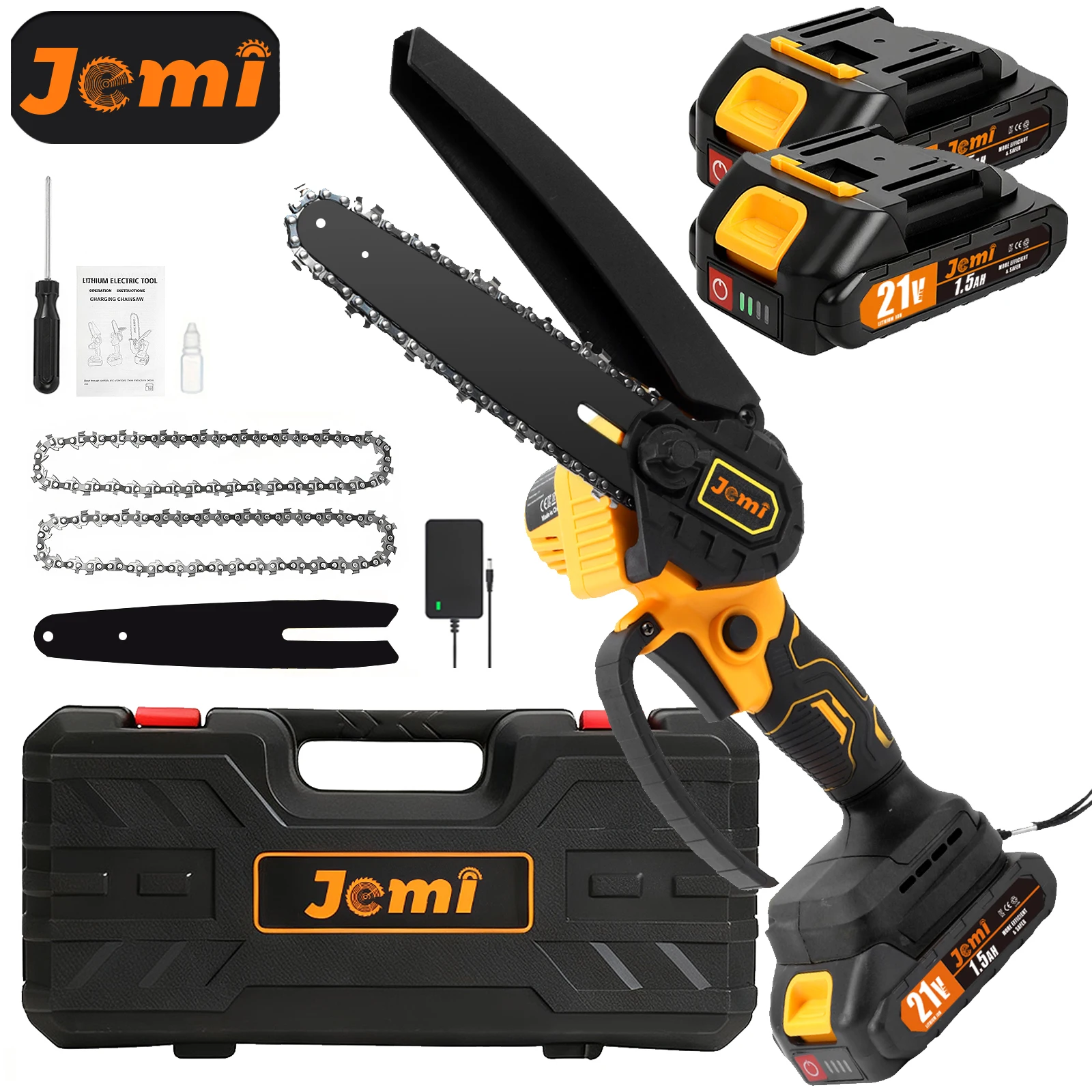 Jemi Tool 6 Zoll tragbare Kettensäge mit Sicherheitsverriegelung, 2 Ketten zum Holzschneiden, Gartenarbeit, passend für Makita-Akku.