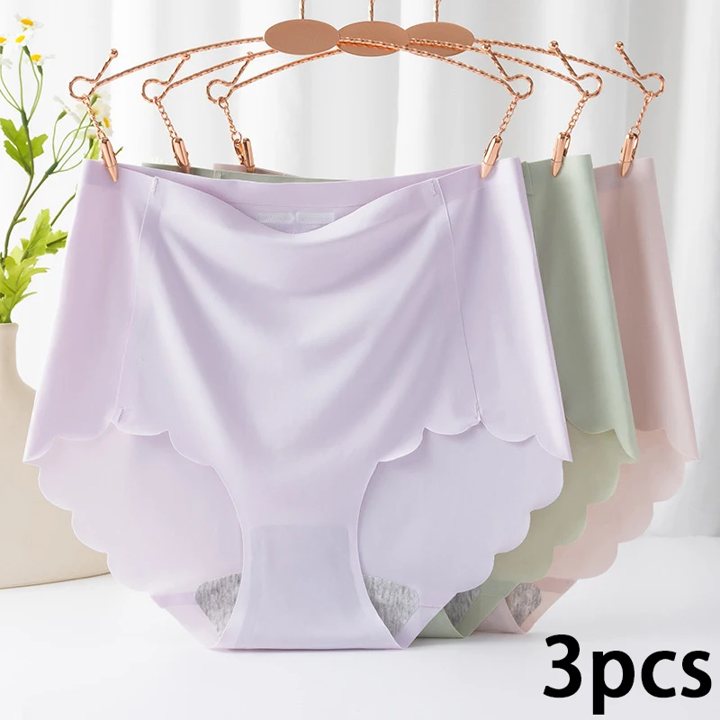 

3 шт. женские трусики, женское нижнее белье больших размеров, однотонные женские бесшовные трусы из ледяного шелка, трусы для девочек, дышащие сексуальные трусики