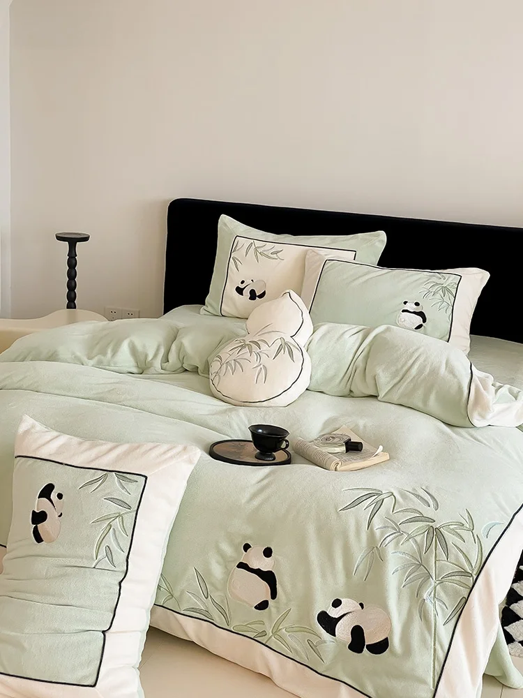 New Chinese Style Embroidered Panda Milk Velvet Four Piece Bedding Set Winter Thickened Duvet Cover Warm Fleece Liner Nationa...