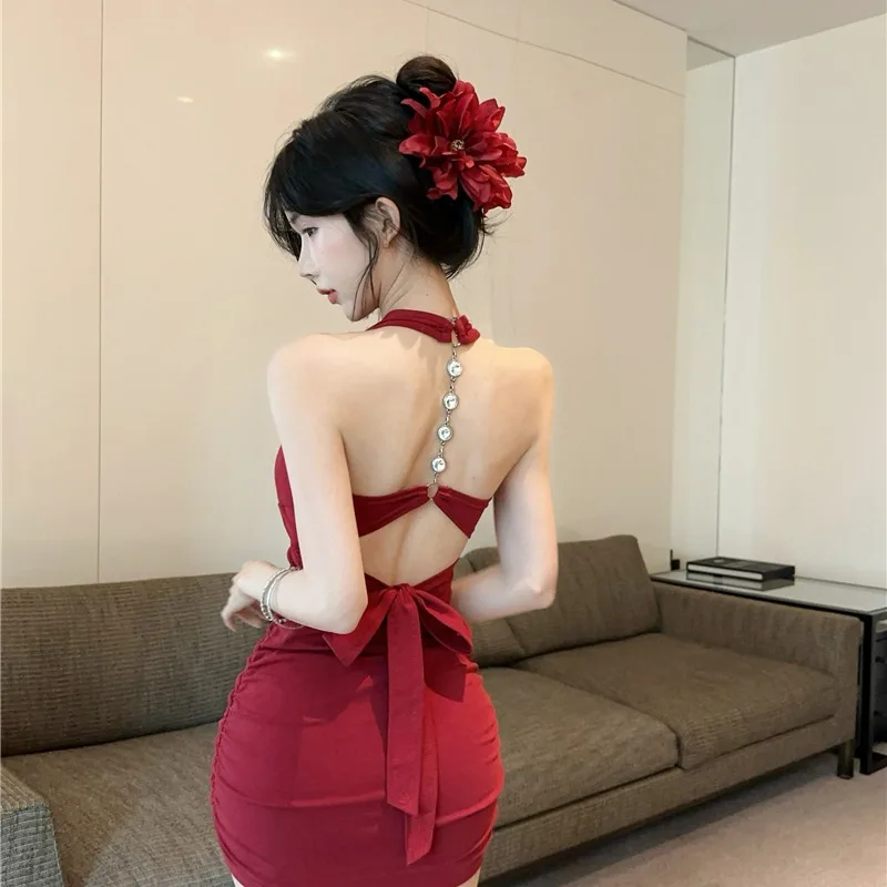 Vestido ter Sem Costas com Alça de Corrente Sexy e Picante para Mulheres, Saia de Cauda de Peixe Slim Fit de Verão, Vestid...