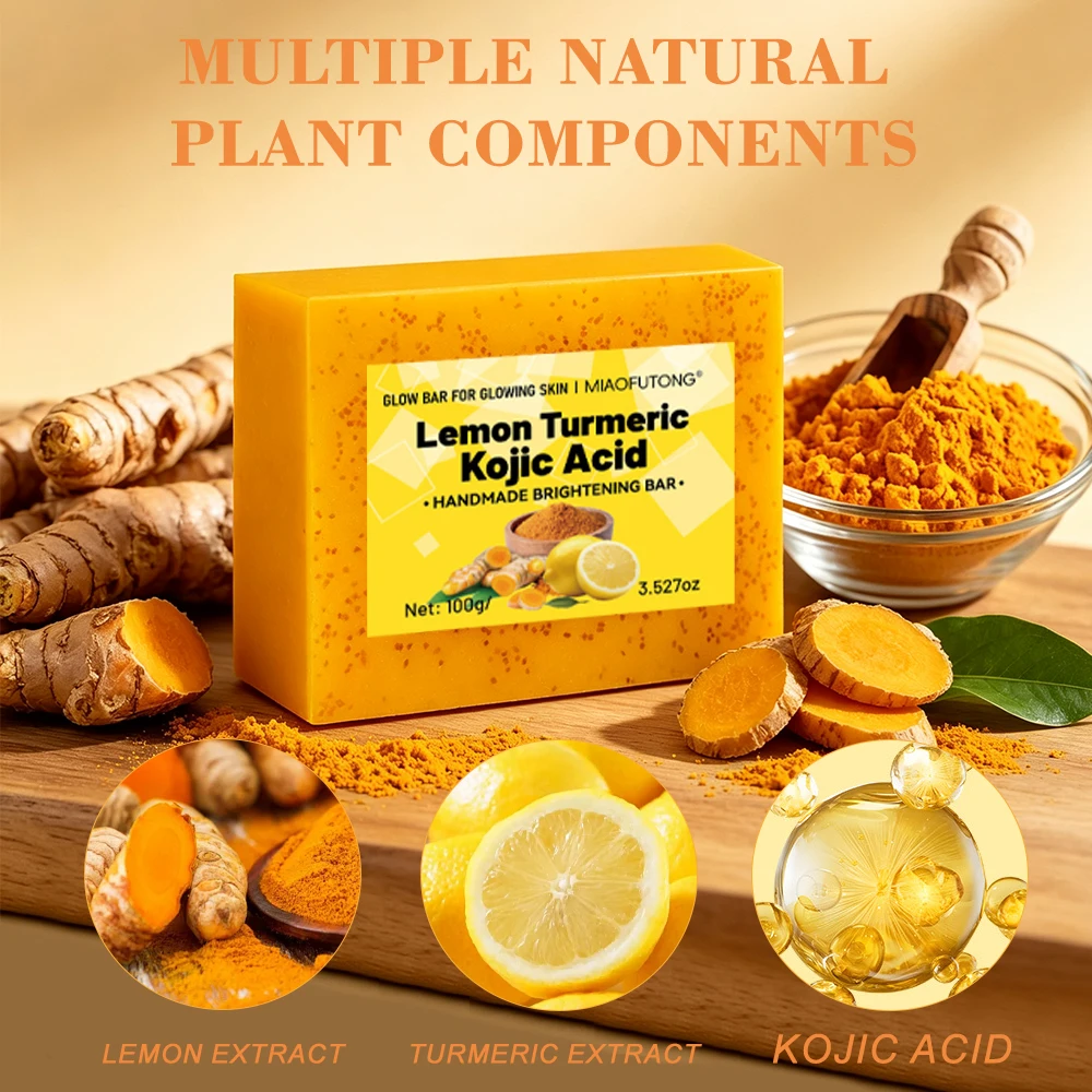 6PCS Lemon Turmeric Curcumin Acid Soap, rich in hyaluronic acid and turmeric ingredients, gently washes face and hands