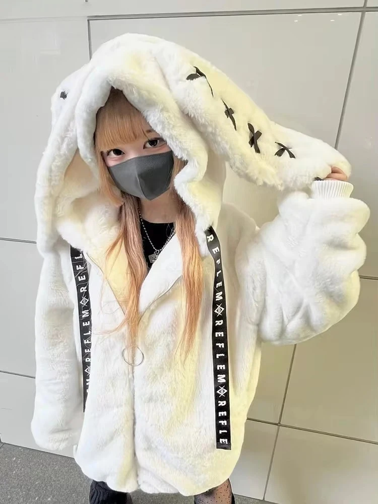 

Women with Bunny Ears Cute Fluffy Jacket Hoodie 2025 Nerazzurri Winter Sweet Cute Kawaii Soft Thick Warm White Faux Fur Coat