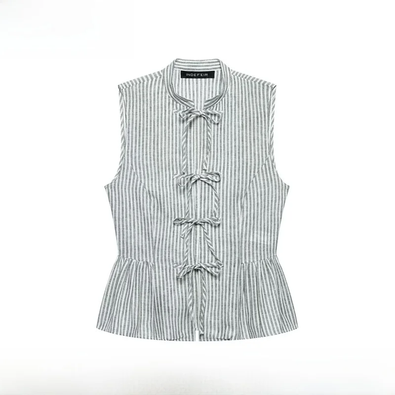 Fashionable  Knot Decorated Line Pattern Women's Top ZR Style Versatile Spring Summer New Arrival Polyester Material