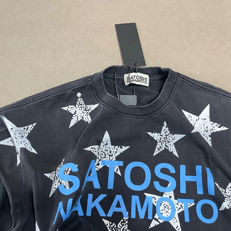 Retro Washed Water Distressed Layering Paired Satoshi Nakamoto Vest Top Summer Star Print Logo Letter Round Neck T-shirt