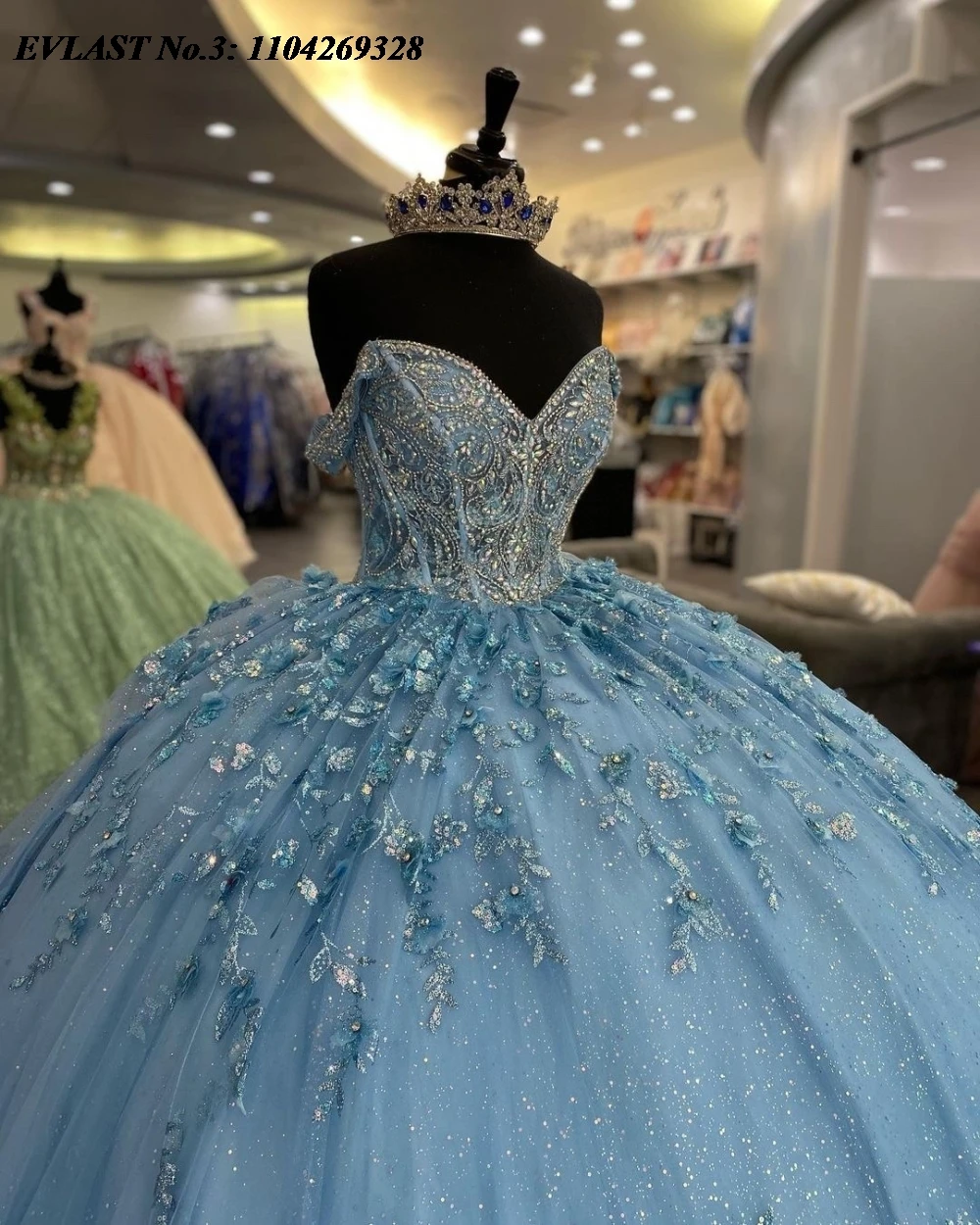 EVLAST Maßgeschneidertes himmelblaues Quinceanera-Kleid, Ballkleid, glänzende Pailletten, Perlenstickerei, abgestuft, Sweet 16, Vestidos De 15 Anos E3Q132