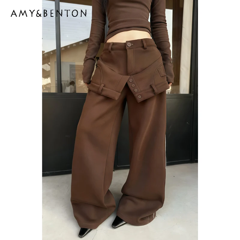 

American Retro Coffee Color Pleated Splicing Women's Skirt Pants Winter New Slit Button Design Loose Wide-Leg Sweatpants Ladies